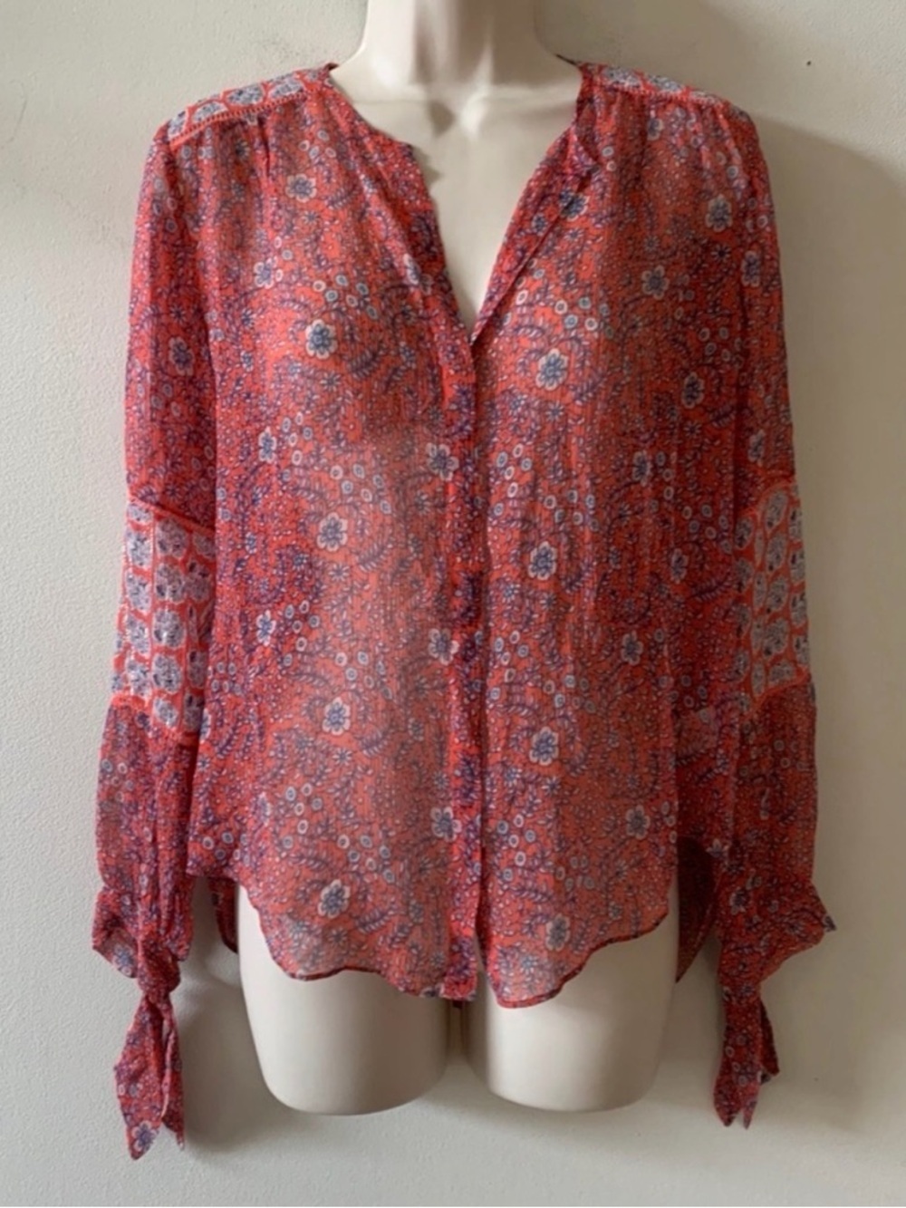 Rebecca Taylor Silk Boho Floral Blouse Tie Sleeve Romantic Top 4 - Picture 4 of 9